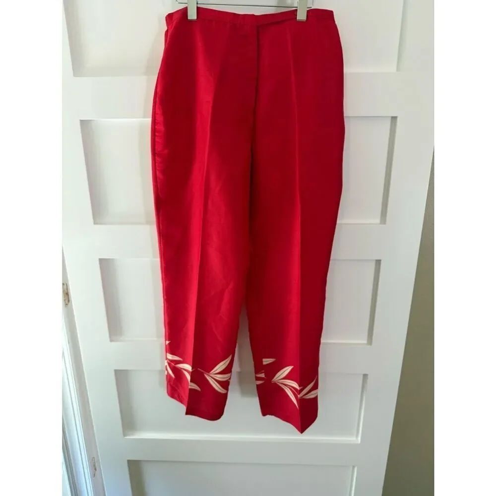 Vintage Red Wide-Leg Pants with Cream Leaf Detail Silk